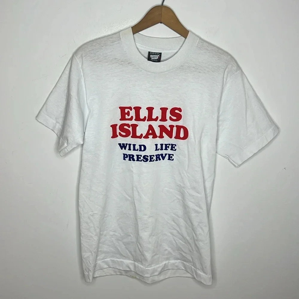 Vintage 80s Screen Stars Ellis Island Single Stitch Felt Graphic T Shirt M